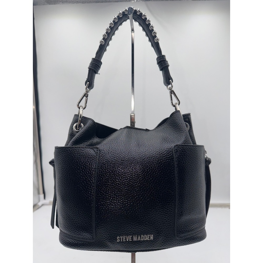 Steve Madden Black Pebbled Vegan Leather Studded Handle Hobo Bucket Bag